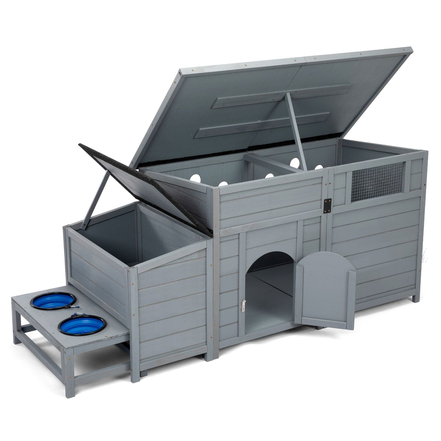 Wood Dog House, Outdoor Dog Kennel with Food Bowls, Storage Box