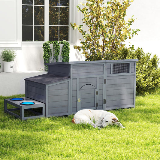Wood Dog House, Outdoor Dog Kennel with Food Bowls, Storage Box