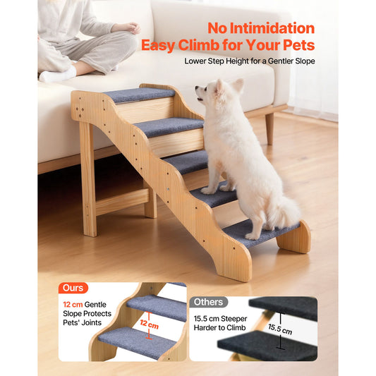 Wood Pet Stairs, 5-Step Dog Stairs for High Beds, Sofa & Cars