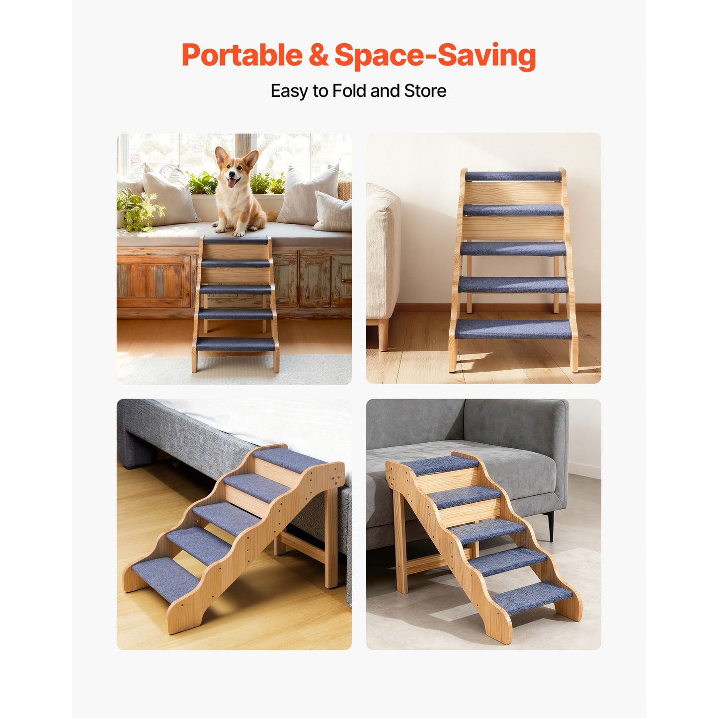 Wood Pet Stairs, 5-Step Dog Stairs for High Beds, Sofa & Cars