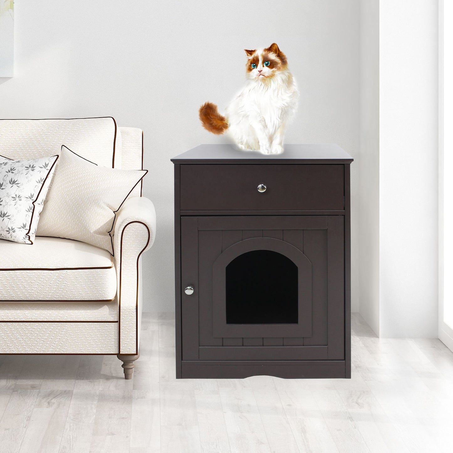 Wooden Pet House Cat Litter Box Enclosure with Drawer, Side Table