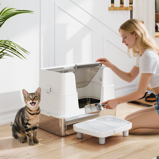 XL Stainless Steel Litter Box with 100° Flip Top, Scoop, Step, Top