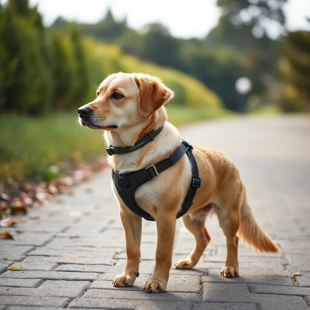 Medium dog wearing a padded, comfortable harness while standing calmly on a paved path
