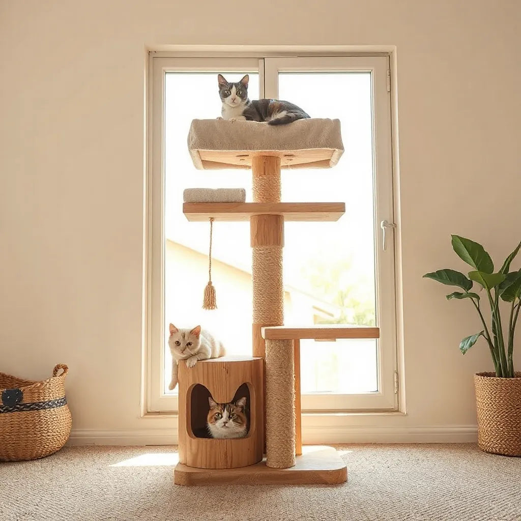 A domestic cat lounging on a handmade cat tree beside a sunlit window