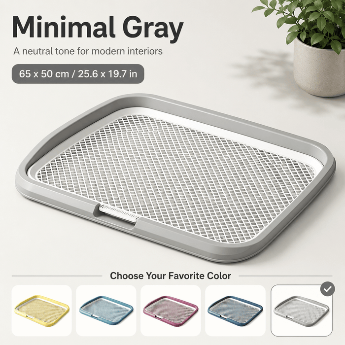 Grey indoor dog potty tray with a removable grating