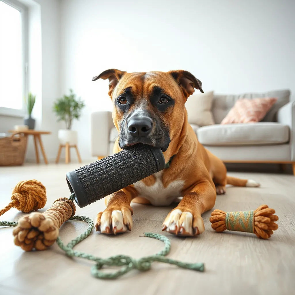 Strong dog chewing a durable rubber chew toy with other tough chew options nearby on a clean floor