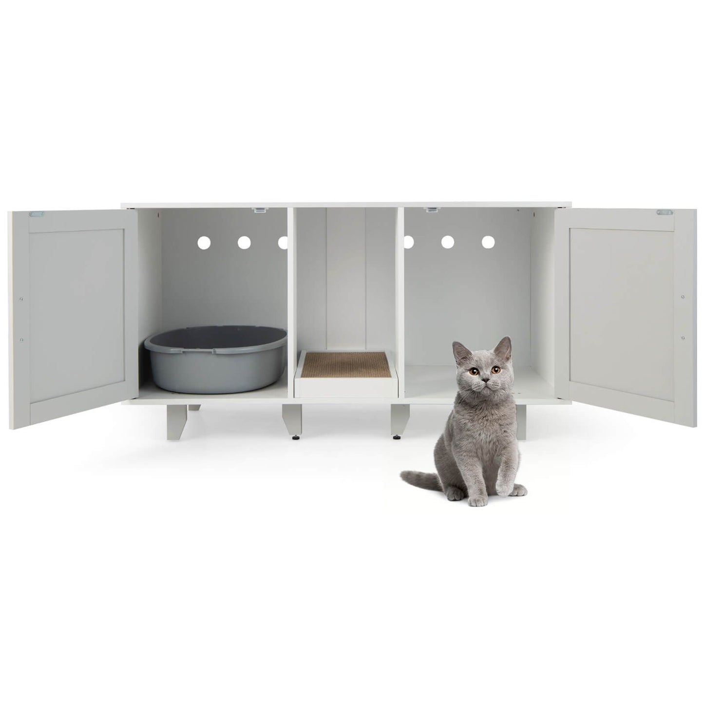 2-Door Cat Litter Box Enclosure with Winding Entry and Scratching