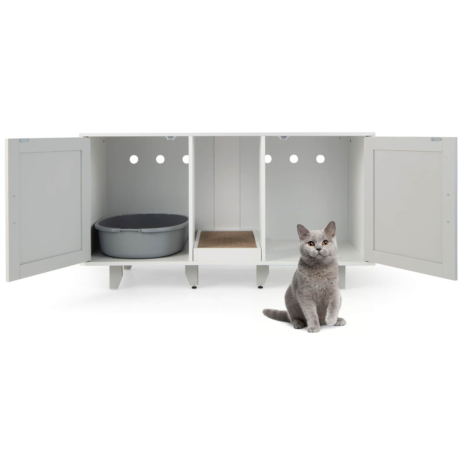 2-Door Cat Litter Box Enclosure with Winding Entry and Scratching