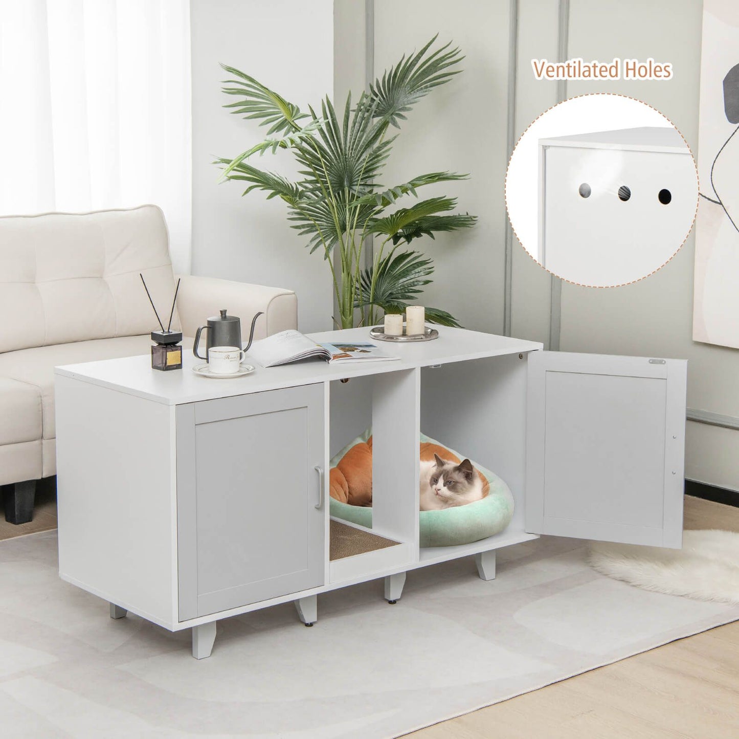 2-Door Cat Litter Box Enclosure with Winding Entry and Scratching