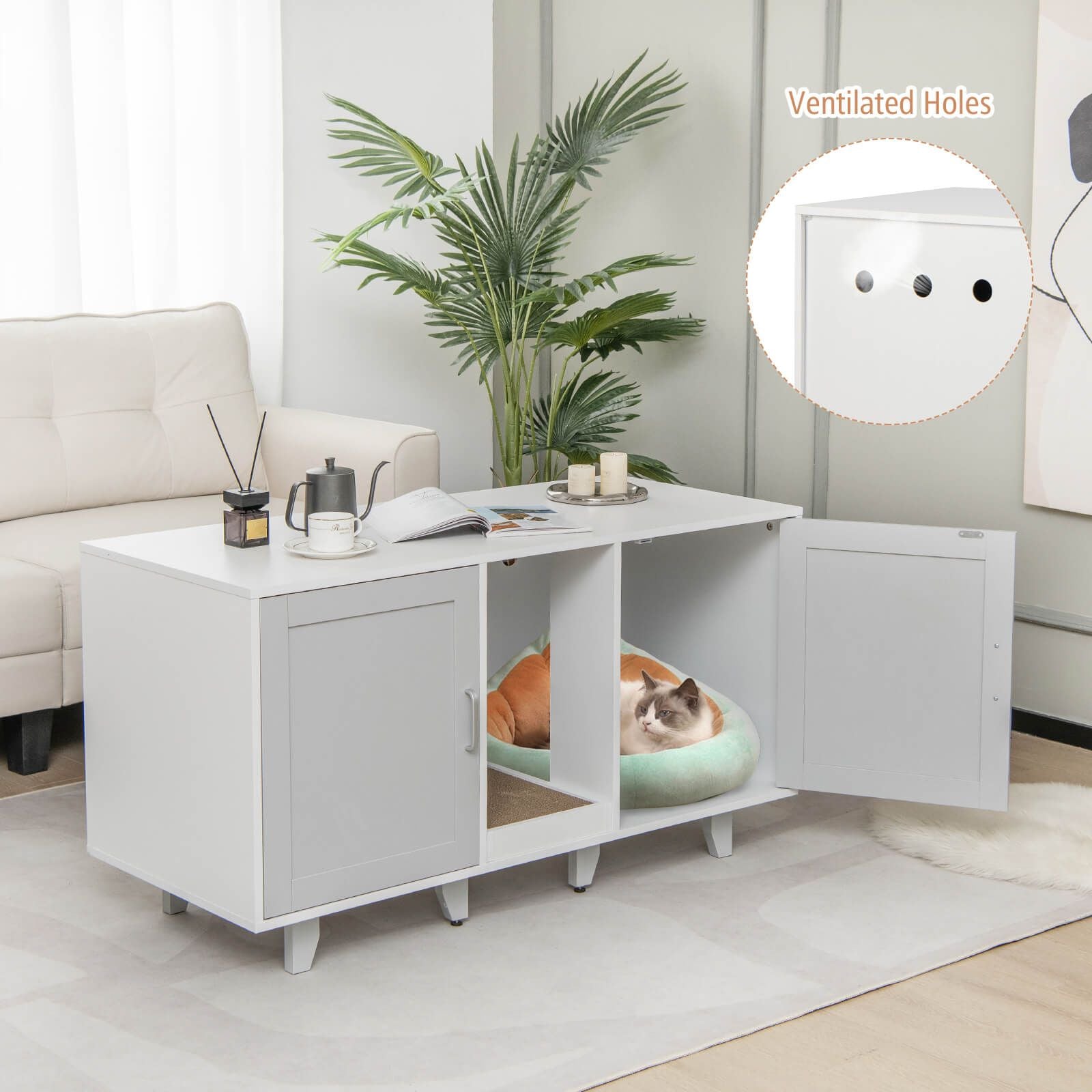 2-Door Cat Litter Box Enclosure with Winding Entry and Scratching