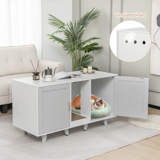2-Door Cat Litter Box Enclosure with Winding Entry and Scratching