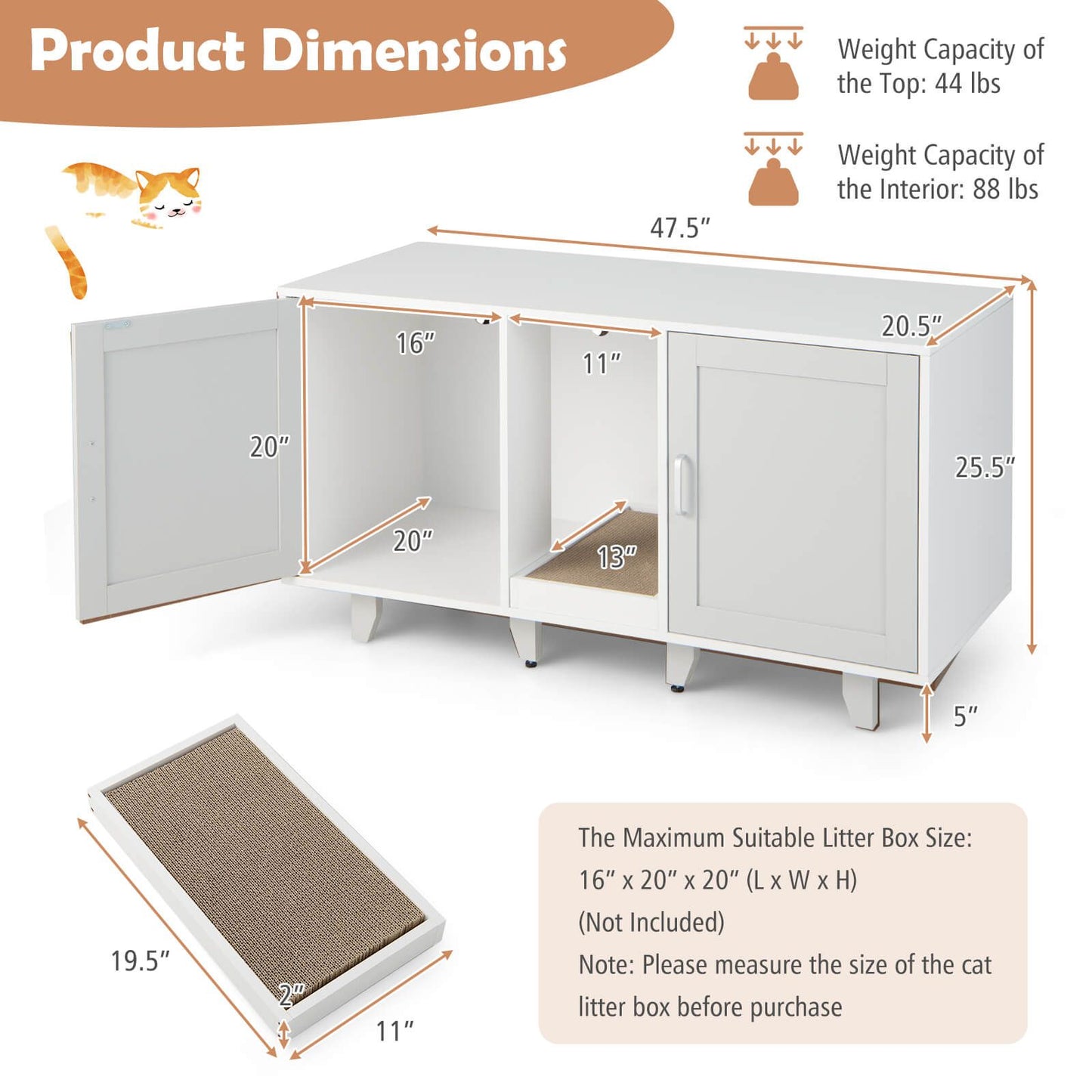 2-Door Cat Litter Box Enclosure with Winding Entry and Scratching