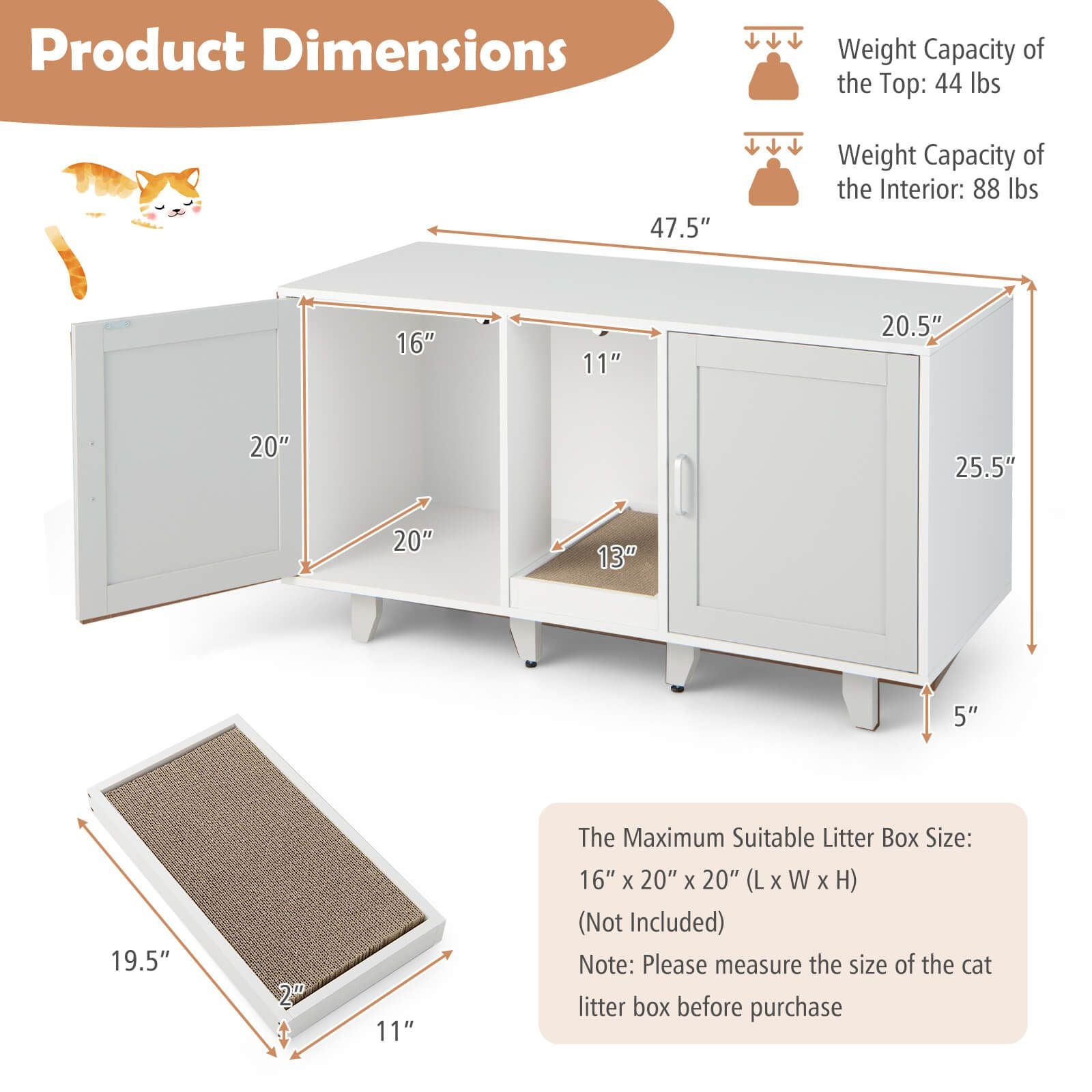 2-Door Cat Litter Box Enclosure with Winding Entry and Scratching