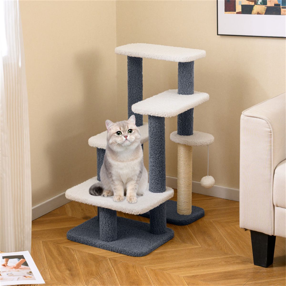 2-in-1 Cat Stairs & Tree with Sisal Scratching Post, 4 Levels