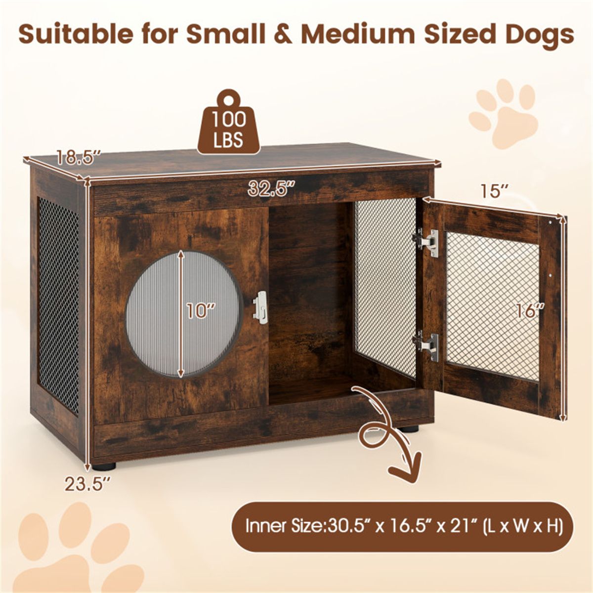 2-in-1 Dog Crate End Table - Rustic Brown, 88lbs Capacity