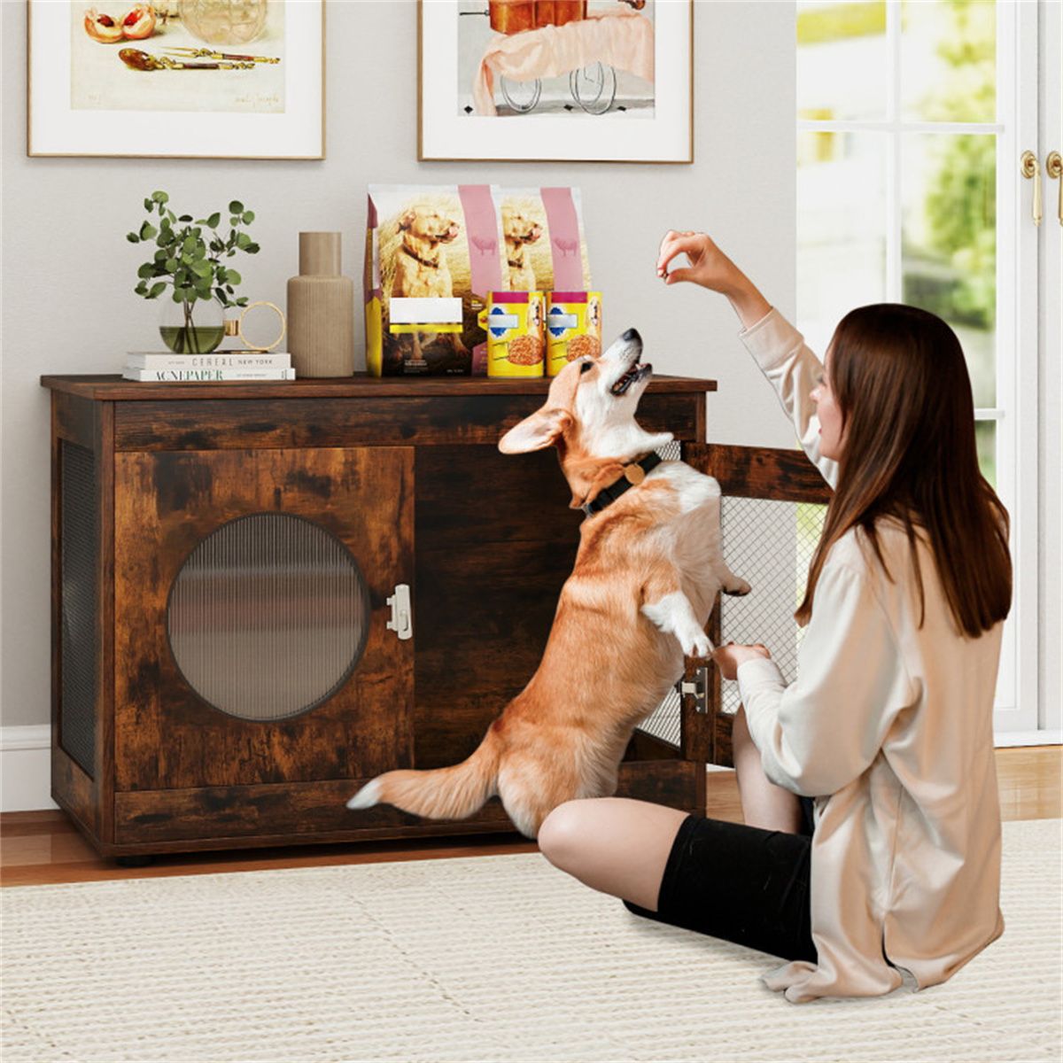 2-in-1 Dog Crate End Table - Rustic Brown, 88lbs Capacity