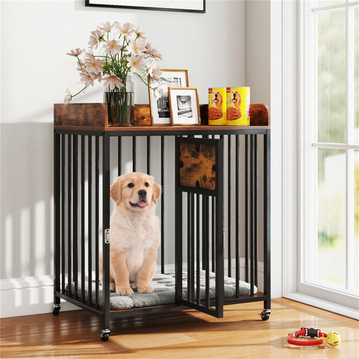 2-in-1 Dog Crate Furniture with Thickened Metal Tubes, Lockable