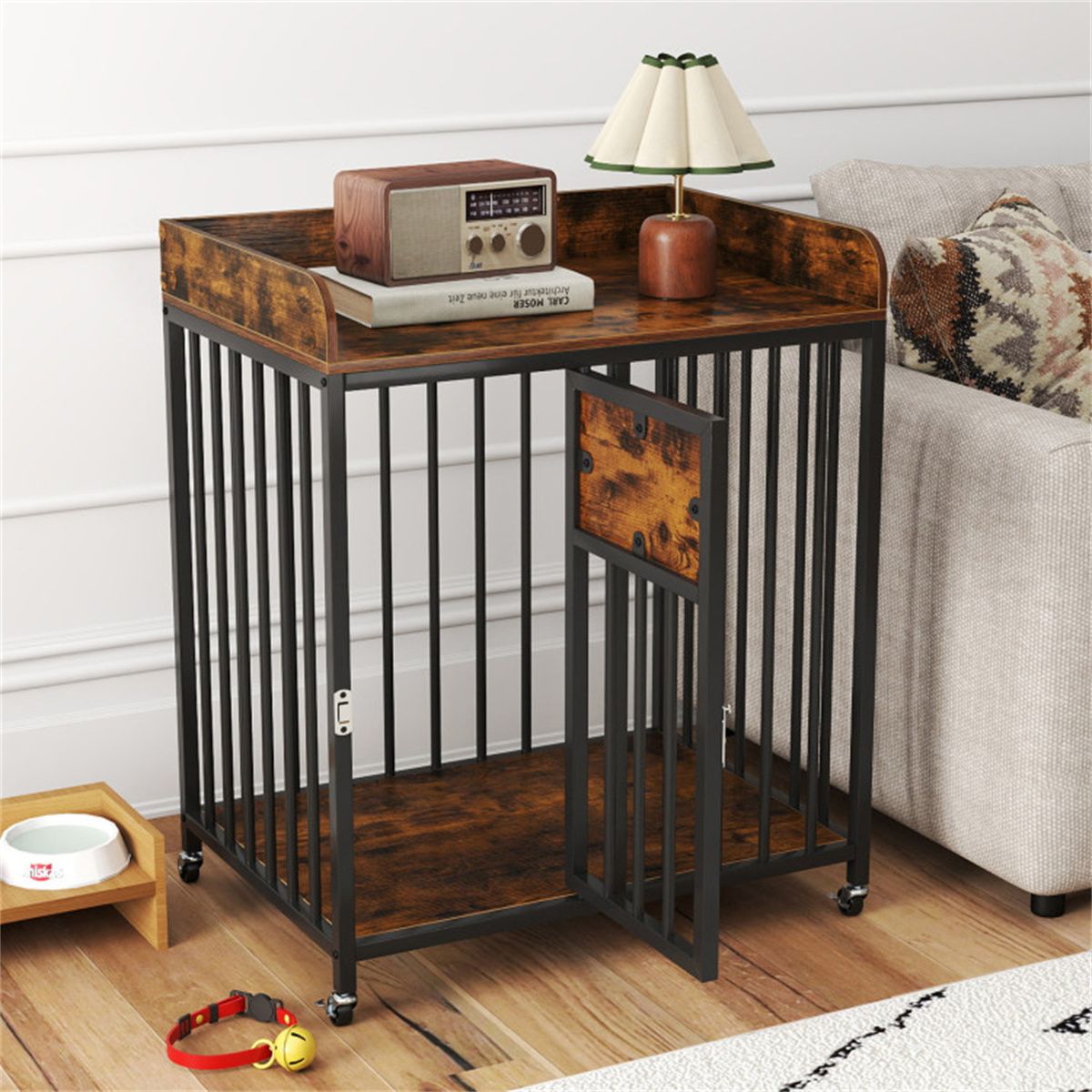 2-in-1 Dog Crate Furniture with Thickened Metal Tubes, Lockable