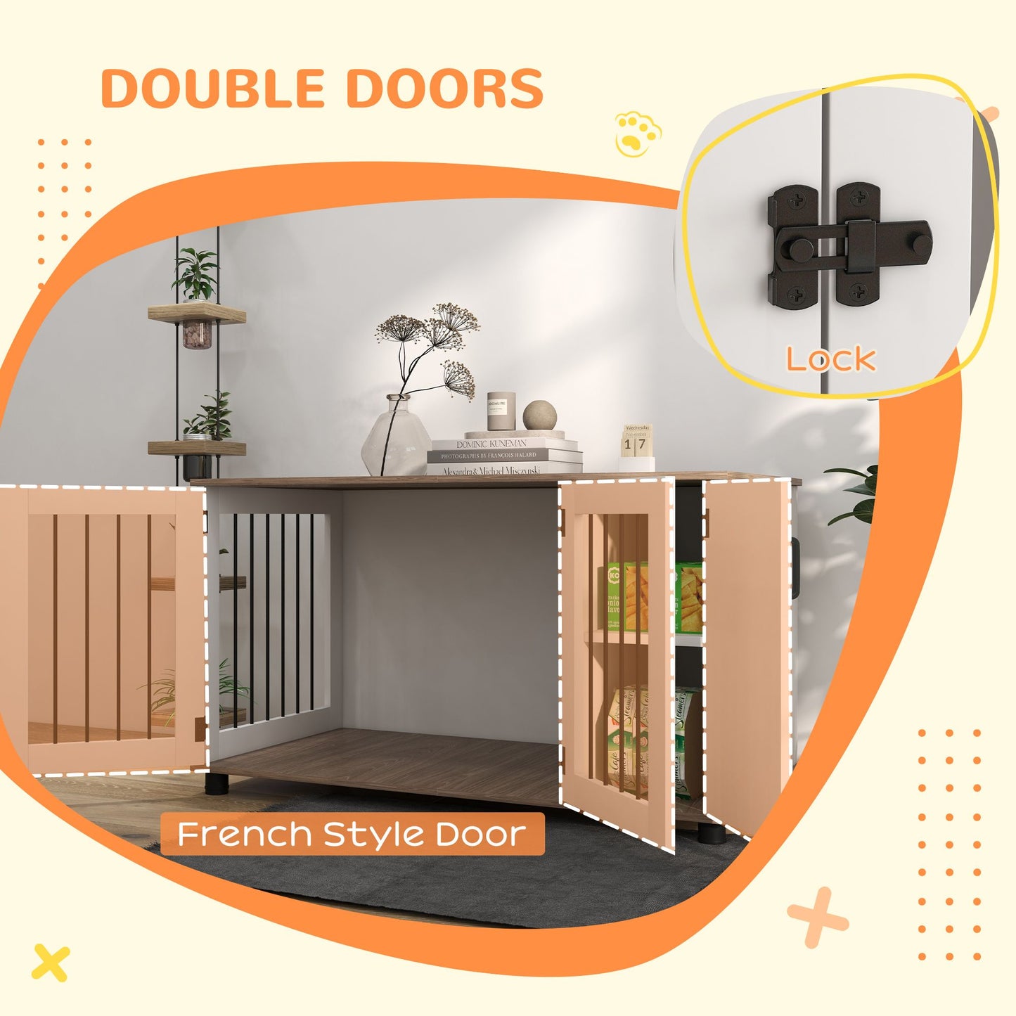 2-in-1 Dog Crate Table with Double Doors and Storage, Dog Cage
