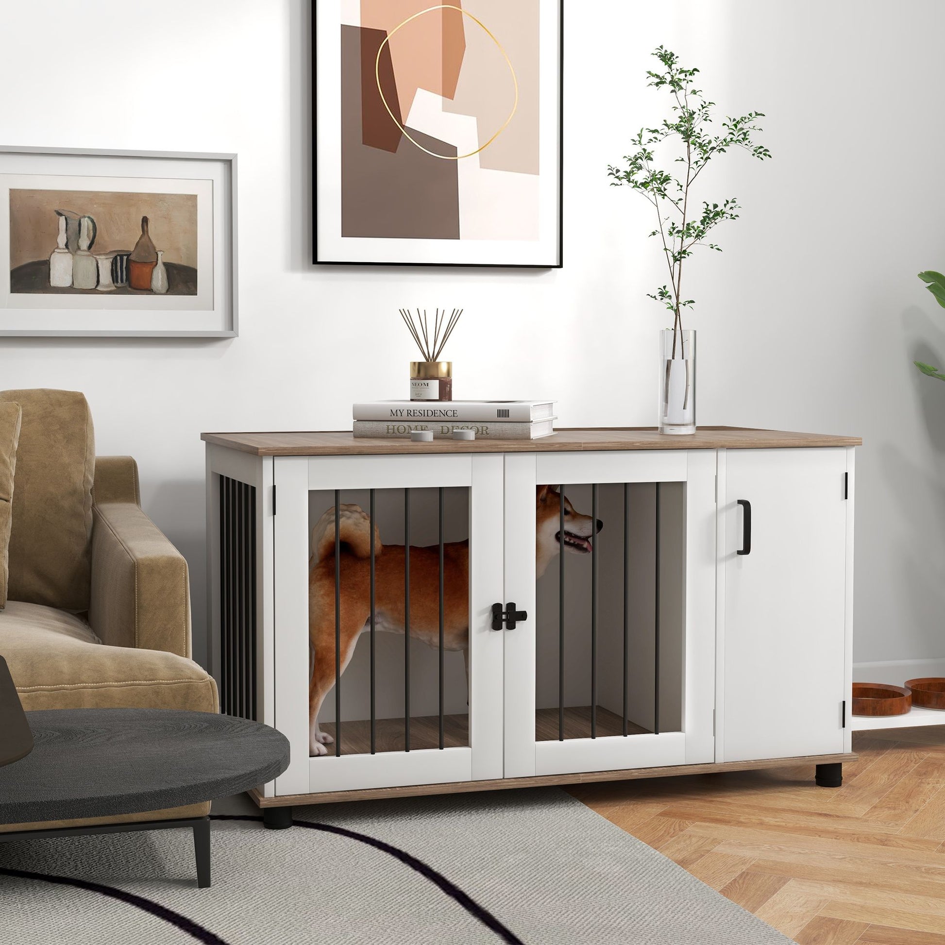 2-in-1 Dog Crate Table with Double Doors and Storage, Dog Cage