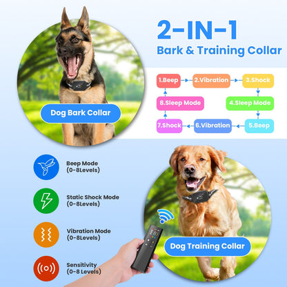 2-in-1 Dog Shock and Bark Collar Dog Training Collar with Remote