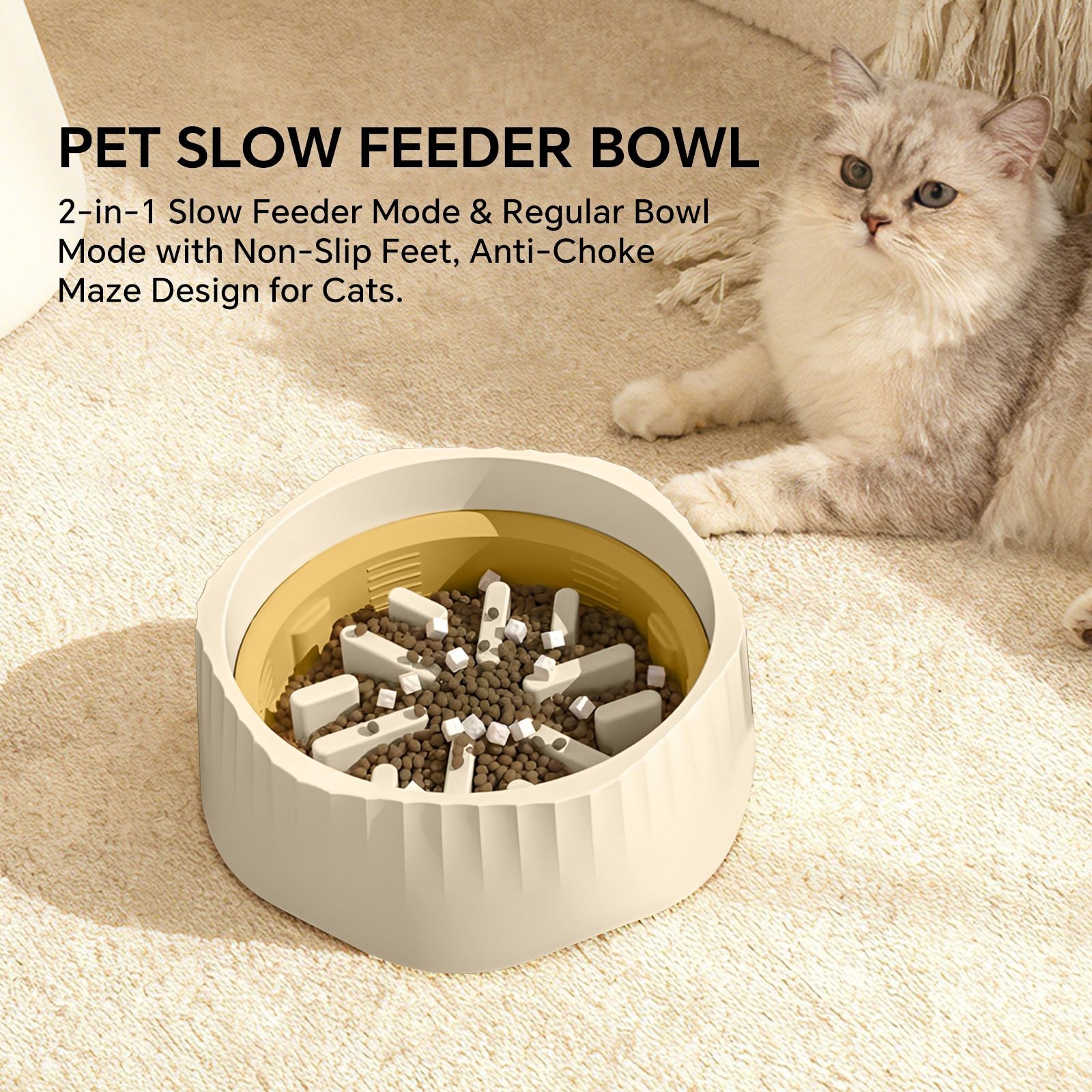 2-in-1 Dual Mode Large Plastic Cat Slow Feeder Bowl, Switchable
