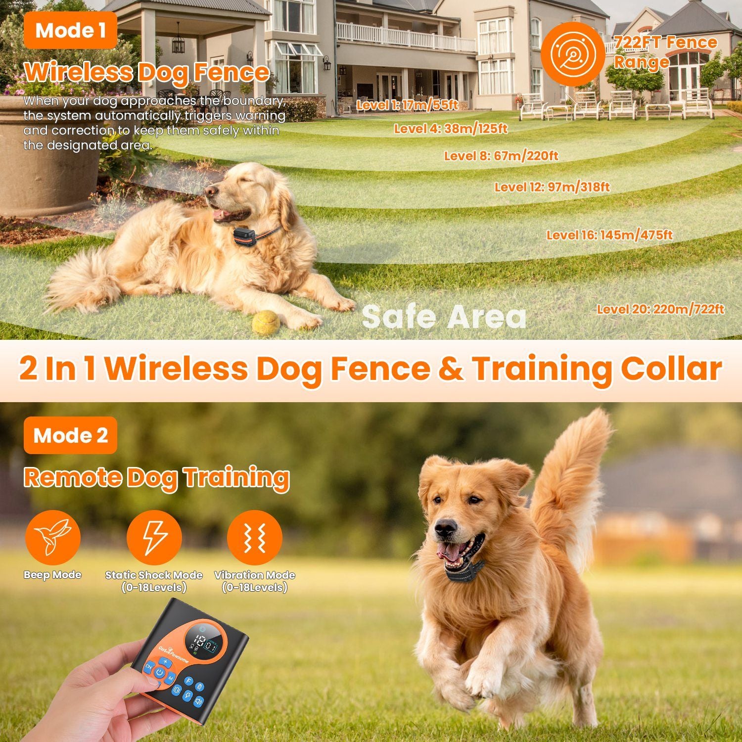 In 1 Wireless Dog Fence System with 1/2 Training Collars(Options)