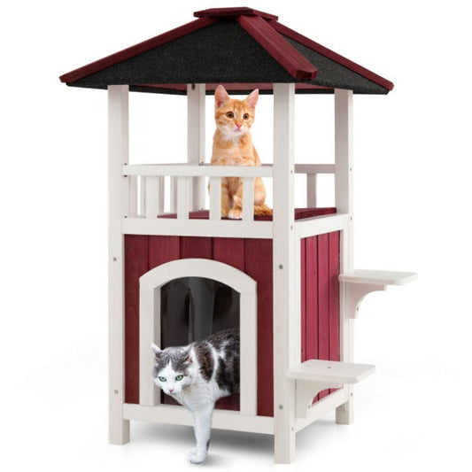 2-Story Wooden Cat House with Asphalt Roof Balcony and Rain Curtain