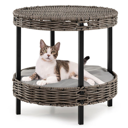 2-Tier Rattan Cat Bed (15 ) - Washable Padded Cushion, Metal Legs