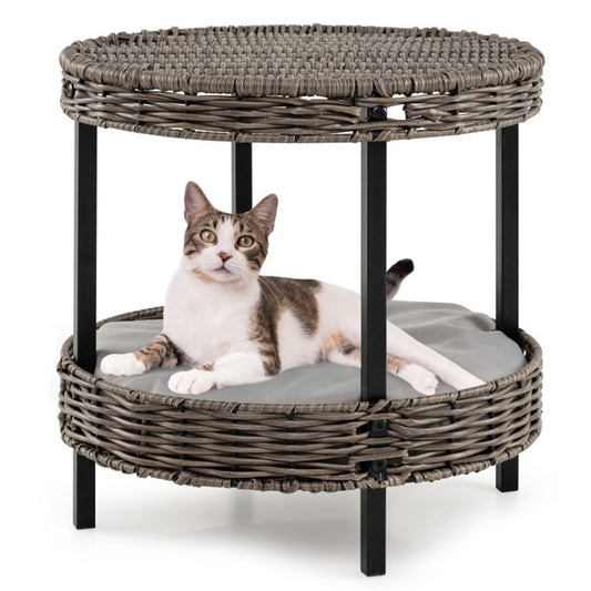 2-Tier Rattan Cat Bed (15 ) - Washable Padded Cushion, Metal Legs