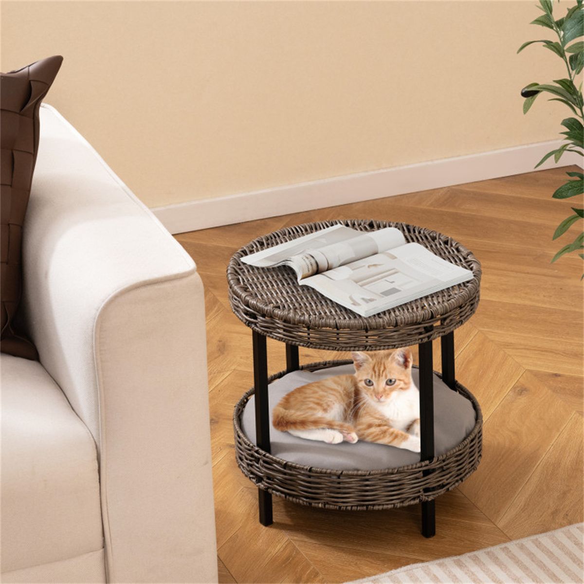 2-Tier Rattan Cat Bed (15 ) - Washable Padded Cushion, Metal Legs
