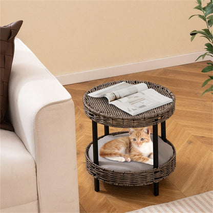 2-Tier Rattan Cat Bed (15 ) - Washable Padded Cushion, Metal Legs