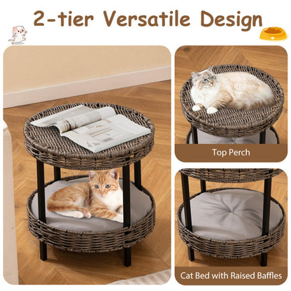 2-Tier Rattan Cat Bed (15 ) - Washable Padded Cushion, Metal Legs