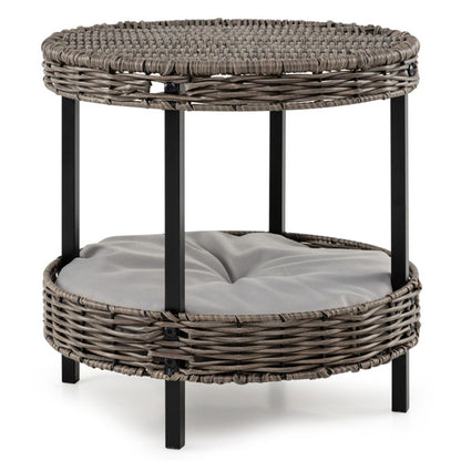 2-Tier Rattan Cat Bed (15 ) - Washable Padded Cushion, Metal Legs