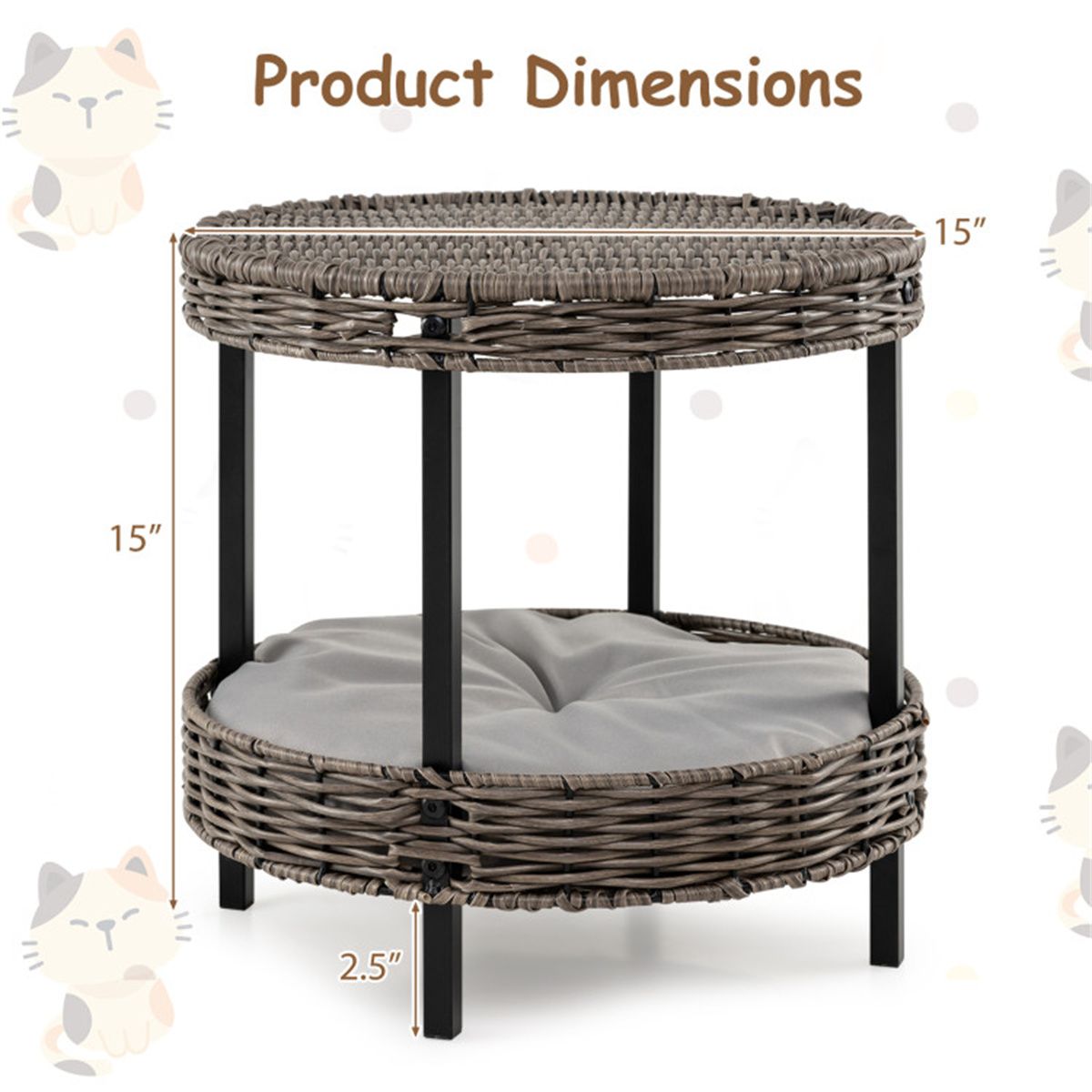 2-Tier Rattan Cat Bed (15 ) - Washable Padded Cushion, Metal Legs