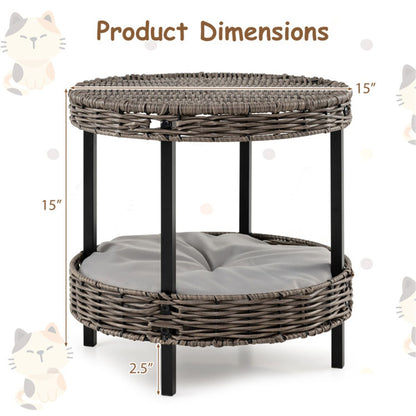 2-Tier Rattan Cat Bed (15 ) - Washable Padded Cushion, Metal Legs
