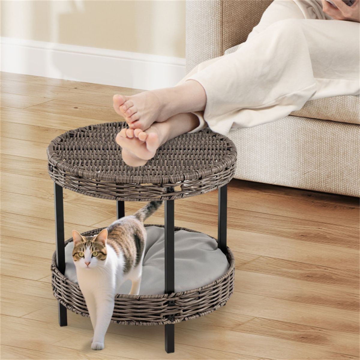 2-Tier Rattan Cat Bed (15 ) - Washable Padded Cushion, Metal Legs
