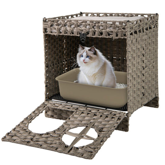 2-Tier Wicker Cat Condo with Litter Mat - Hidden Litter Box