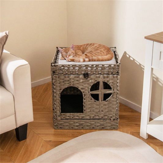 2-Tier Wicker Cat Condo with Litter Mat - Hidden Litter Box
