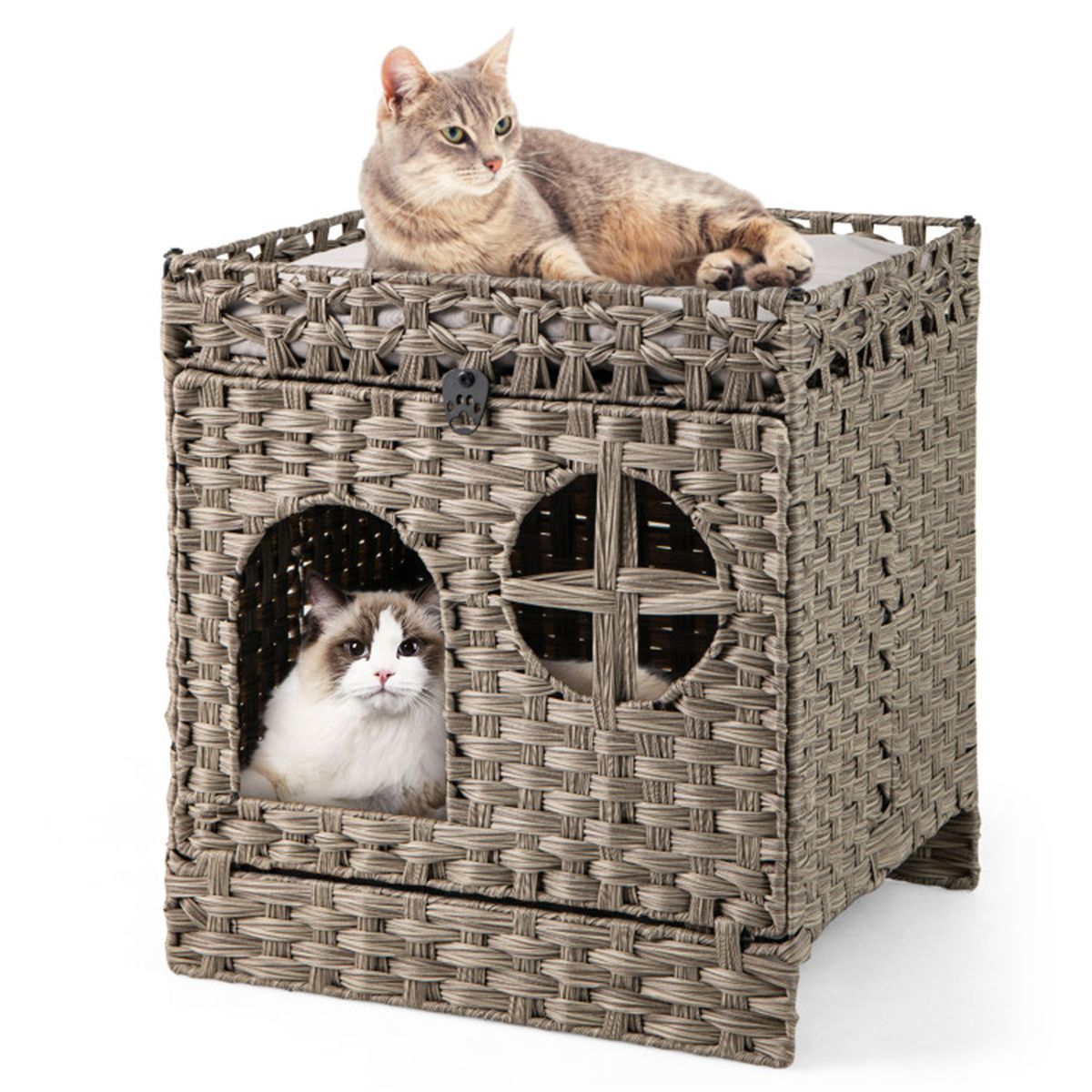 2-Tier Wicker Cat Condo with Litter Mat - Hidden Litter Box