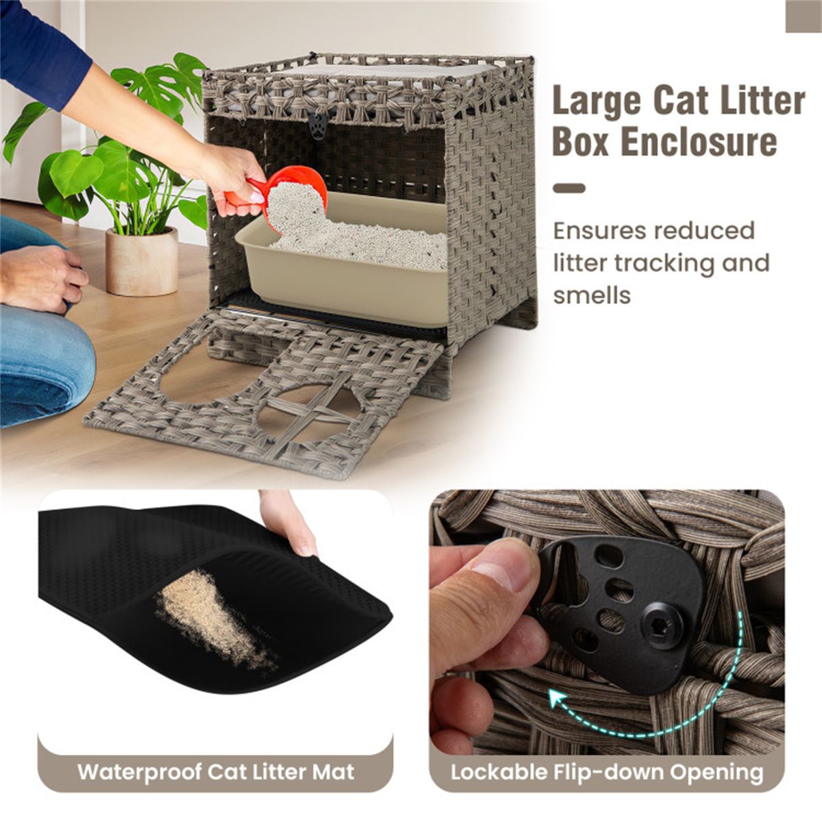 2-Tier Wicker Cat Condo with Litter Mat - Hidden Litter Box