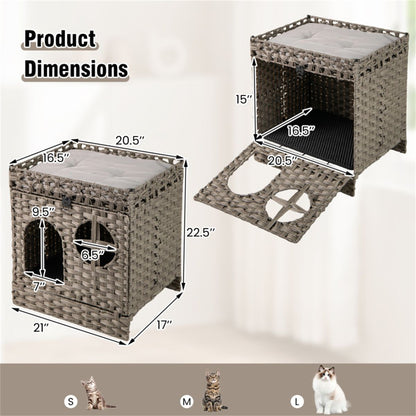 2-Tier Wicker Cat Condo with Litter Mat - Hidden Litter Box