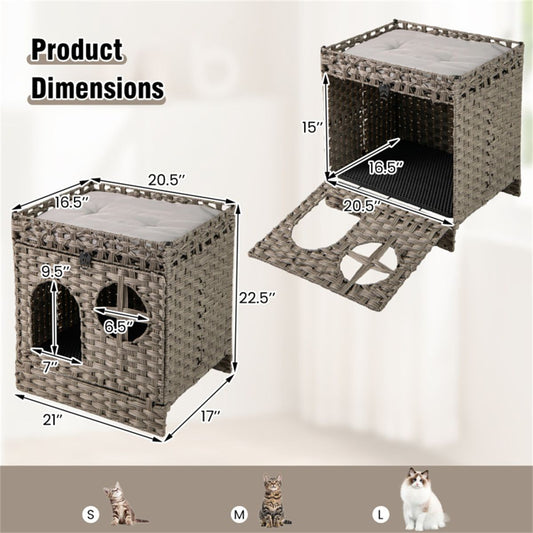 2-Tier Wicker Cat Condo with Litter Mat - Hidden Litter Box