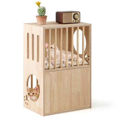 2-Tier Wooden Cat Condo Indoor Symmetrical Cat House