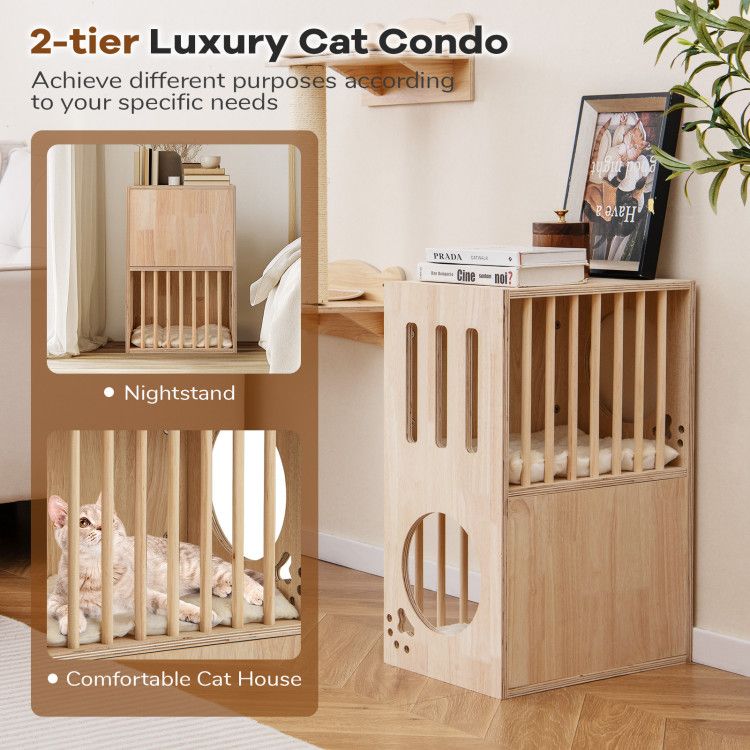 2-Tier Wooden Cat Condo Indoor Symmetrical Cat House