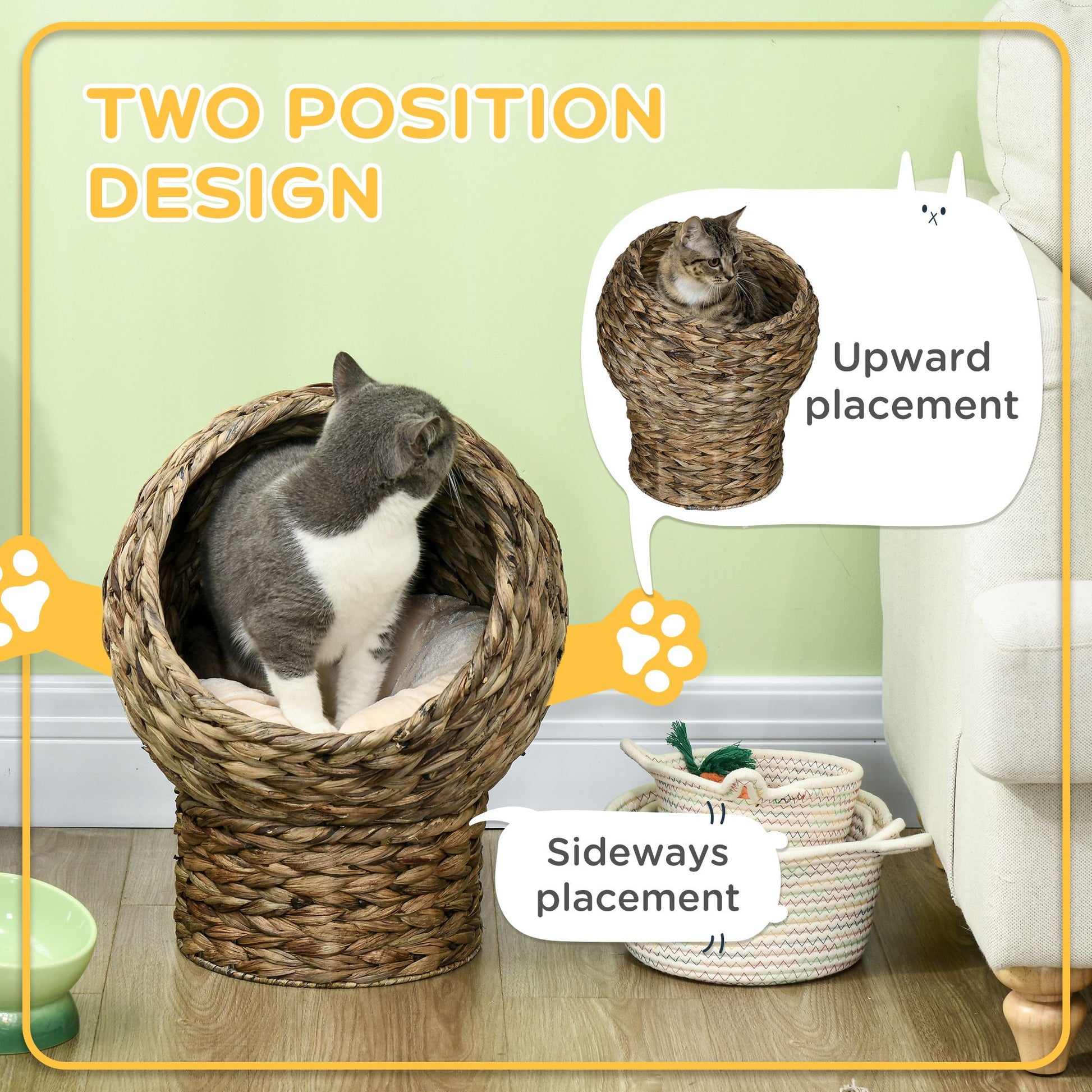 20" Natural Braided Elevated Cat Bed, Cat Basket Kitten House Chair