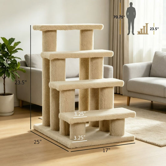25" Cream White 4-Step Multi-Level Carpeted Cat Scratching Post