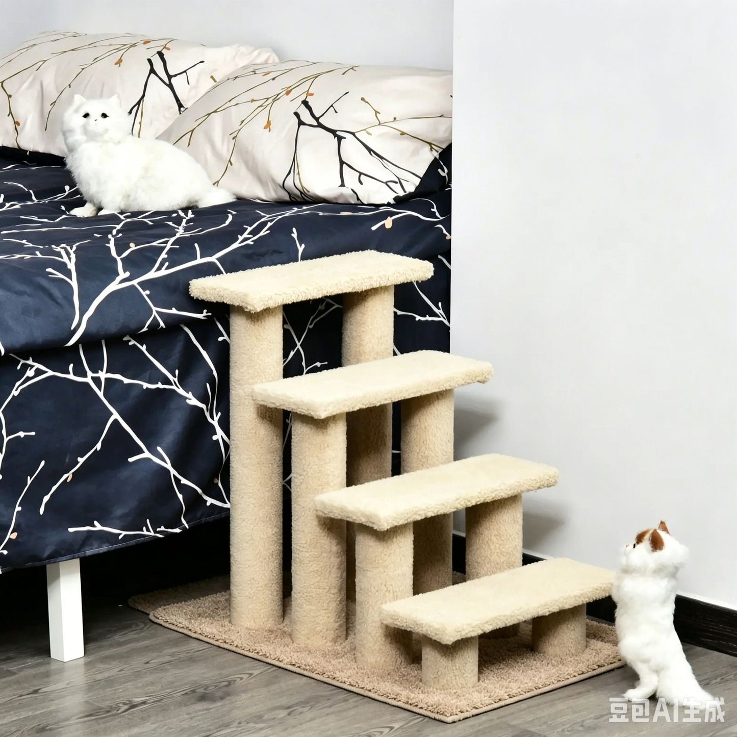 25" Cream White 4-Step Multi-Level Carpeted Cat Scratching Post