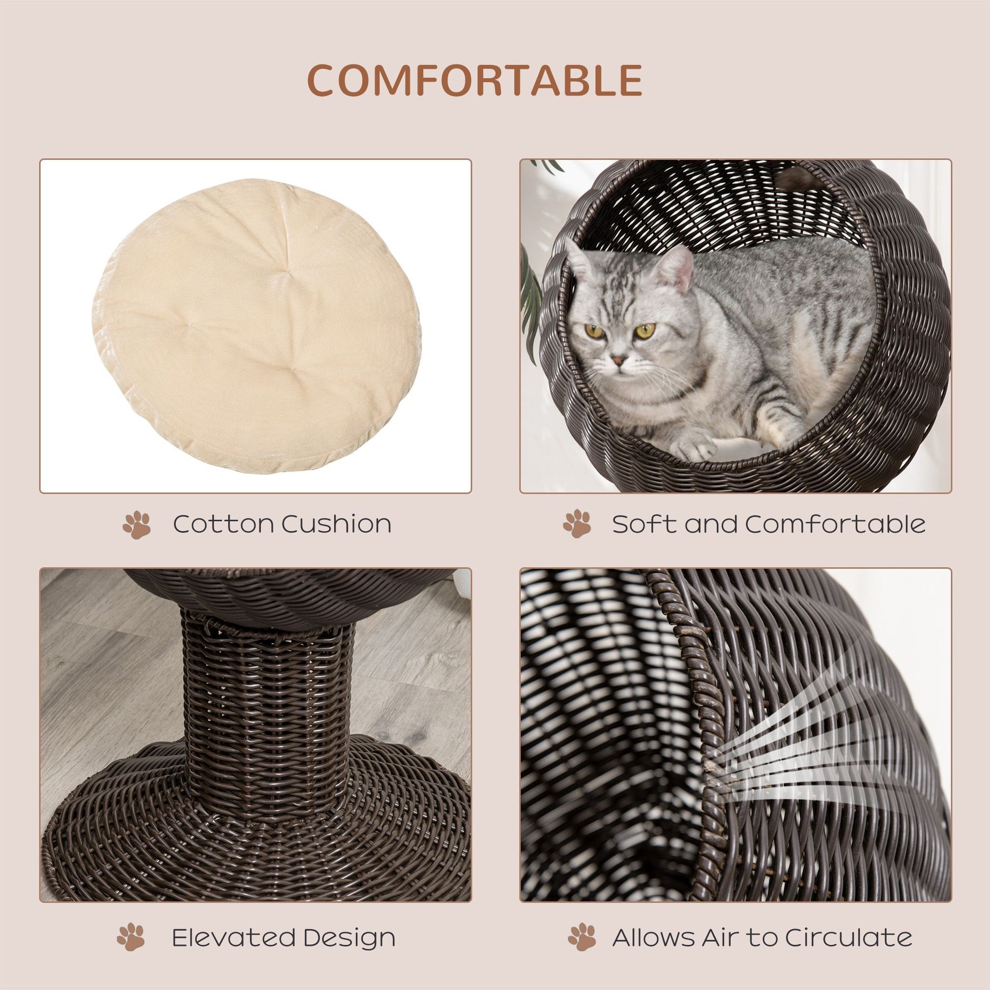 Elevated Cat Bed Rotatable Egg Chair Pod Thick Cushion Natural Mat