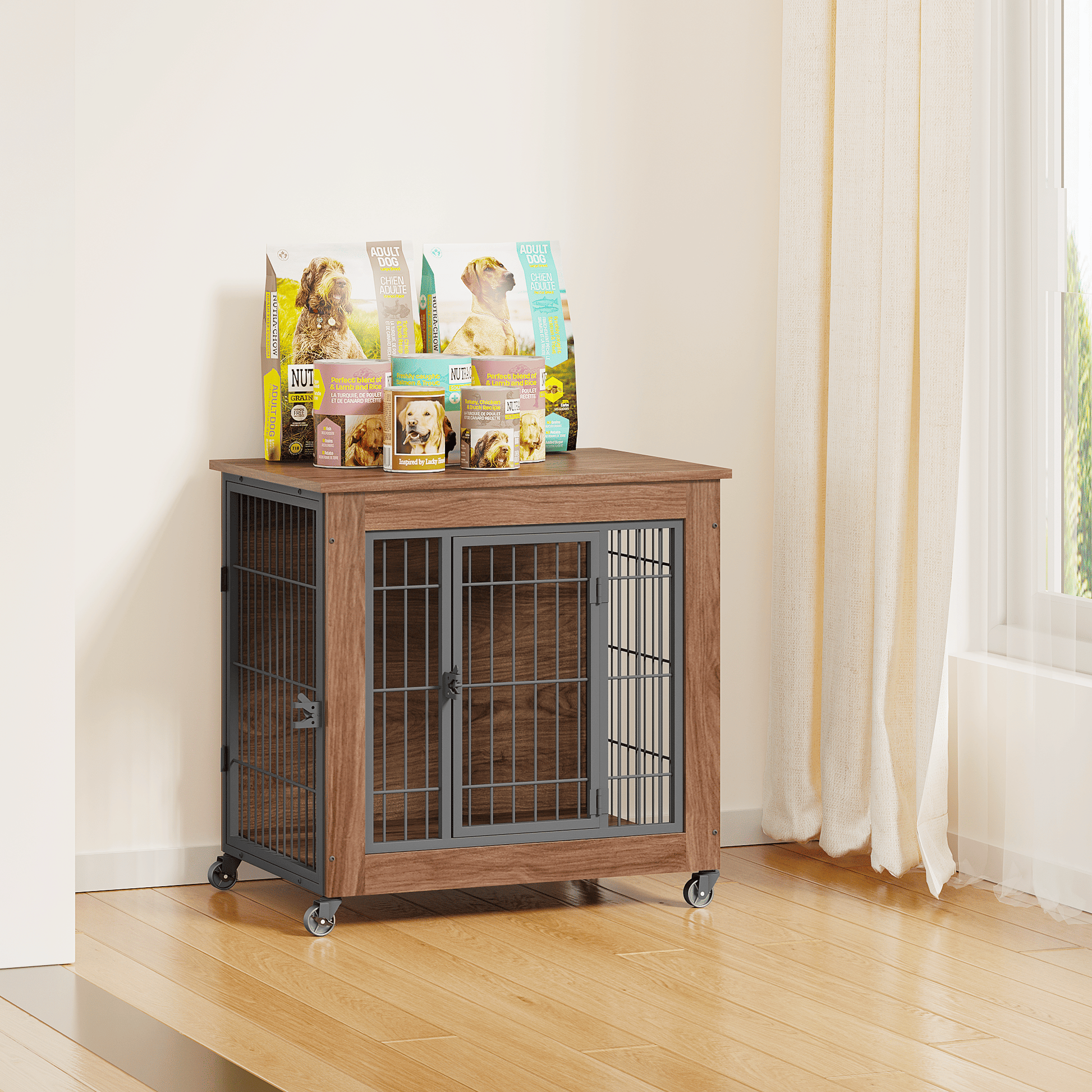 27.2" Dog Crate Furniture with Wheels for Small Dogs, Heavy Duty